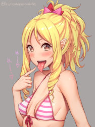 Rule 34 | 10s, 1girl, bikini, blonde hair, bow, breasts, brown eyes, drill hair, eromanga sensei, grey background, hair bow, heart, heart-shaped pupils, kurowan, long hair, looking at viewer, medium breasts, open mouth, oral invitation, pink bow, pointy ears, ponytail, red bow, saliva, simple background, solo, striped bikini, striped clothes, swimsuit, symbol-shaped pupils, tongue, tongue out, twin drills, twitter username, upper body, yamada elf