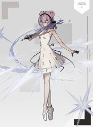 Rule 34 | 1girl, absurdres, animal ears, arknights, bare shoulders, black hairband, breasts, character name, closed eyes, closed mouth, double bun, dress, facing viewer, finger cots, full body, grey background, hair between eyes, hair bun, hairband, happy birthday, highres, holding, holding sword, holding weapon, lin (arknights), pantyhose, pink hair, shoes, shokuyou koori, simple background, sleeveless, sleeveless dress, small breasts, solo, standing, sword, tiptoes, weapon, white dress, white footwear, white pantyhose