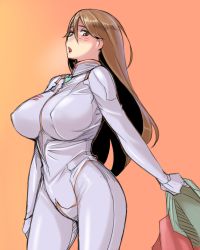 Rule 34 | 1girl, blush, bodysuit, breasts, brown eyes, brown hair, character request, huge breasts, jumpsuit, open mouth, original, solo, tsuda nanafushi