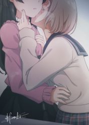 Rule 34 | 2girls, artist name, breath, ear piercing, earrings, hand on another&#039;s cheek, hand on another&#039;s face, hand on own chest, highres, idolmaster, idolmaster shiny colors, imminent kiss, jewelry, kiss, kissing neck, kotobuki haruki, multiple girls, open mouth, out of frame, piercing, school uniform, signature, simple background, skirt, standing, steam, upper body, yuri