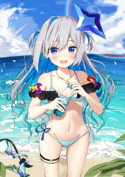 Rule 34 | 1girl, absurdres, alternate costume, alternate hairstyle, amane kanata, beach, bikini, blue bikini, blue hair, bottle, breasts, collarbone, commentary request, day, hair ornament, highres, hololive, jewelry, long hair, multicolored hair, navel, ocean, open mouth, pendant, purple eyes, rainbow, sky, small breasts, solo, spice mega, swimsuit, thigh strap, thighs, two-tone hair, virtual youtuber, wet, white hair