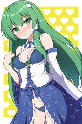Rule 34 | 1girl, bare shoulders, blue bra, blue panties, blue skirt, blush, bra, breasts, cleft of venus, closed mouth, cowboy shot, detached sleeves, frog hair ornament, green eyes, green hair, hair between eyes, hair ornament, hair tubes, heart, heart background, highres, japanese clothes, kochiya sanae, long hair, looking at viewer, medium breasts, nontraditional miko, panties, revealing clothes, rizento, skirt, snake hair ornament, solo, touhou, underwear, white sleeves, wide sleeves