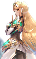 Rule 34 | 1girl, black pantyhose, blonde hair, breasts, butt crack, earrings, from behind, gonzarez, highres, jewelry, long hair, looking at viewer, medium breasts, mythra (massive melee) (xenoblade), mythra (xenoblade), pantyhose, simple background, solo, swept bangs, thighs, very long hair, white background, xenoblade chronicles (series), xenoblade chronicles 2, yellow eyes