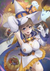 Rule 34 | 1girl, absurdres, armpits, basket, between breasts, blonde hair, blue eyes, bow, breasts, cleavage, collarbone, commentary request, cookie, cucouroux (granblue fantasy), cucouroux (halloween) (granblue fantasy), detached sleeves, dress, food, frills, ghost, gloves, granblue fantasy, halloween, halloween bucket, hat, highres, holding, holding food, large breasts, long hair, looking at viewer, open mouth, pumpkin, sayaka ikku, shiny skin, simple background, smile, white dress, white gloves, witch hat