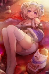 Rule 34 | 1girl, arknights, blue hairband, breasts, cleavage, closed mouth, detached sleeves, facial mark, fur-trimmed sleeves, fur trim, hair ornament, hairband, highres, legs together, long sleeves, looking at viewer, lying, medium breasts, on back, panties, pudding (arknights), purple eyes, red shirt, seal (animal), shirt, skirt, smile, snowflake hair ornament, solo, suzuiro (chocolatte), thighhighs, underwear, whisker markings, white skirt, white thighhighs, wide sleeves