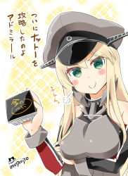 Rule 34 | 10s, 1girl, aqua eyes, bismarck (kancolle), blonde hair, blush stickers, breast hold, breasts, c:, crossed arms, green eyes, hat, highres, holding, imu sanjo, kantai collection, long hair, looking at viewer, peaked cap, solo, text focus, translation request