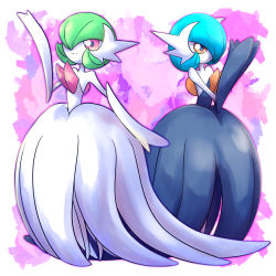 Rule 34 | 2girls, absurdres, alternate color, bare shoulders, black dress, black gloves, blue hair, bob cut, border, closed mouth, colored skin, creatures (company), dress, elbow gloves, female focus, flat chest, full body, game freak, gardevoir, gen 3 pokemon, gloves, green hair, hair over one eye, hand up, hands up, happy, highres, konknock, looking at viewer, mega gardevoir, mega pokemon, multiple girls, nintendo, one eye covered, open mouth, orange eyes, outline, own hands together, pink background, pink outline, pokemon, pokemon (creature), purple background, purple outline, red eyes, shiny and normal, shiny pokemon, short hair, smile, split mouth, standing, strapless, strapless dress, white border, white dress, white gloves, white skin