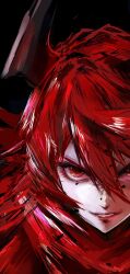 Rule 34 | 1girl, angry, black background, clenched teeth, eyelashes, goddess of victory: nikke, hair between eyes, hashtag-only commentary, head out of frame, highres, horns, kyel hyde, lips, looking at viewer, mechanical horns, partially shaded face, portrait, red eyes, red hair, red hood (nikke), teeth