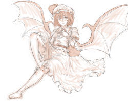 Rule 34 | 1girl, barefoot, bat wings, blush, dress, feet, hat, hat ribbon, highres, kuro suto sukii, limited palette, looking at viewer, mob cap, monochrome, puffy short sleeves, puffy sleeves, remilia scarlet, ribbon, sash, short sleeves, soles, solo, toe scrunch, toenails, toes, touhou, white dress, wings, wrist cuffs
