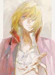Rule 34 | 1boy, blonde hair, blue eyes, closed mouth, coat, earrings, hair over one eye, hataya, high collar, highres, howl (howl no ugoku shiro), howl no ugoku shiro, jewelry, looking at viewer, male focus, medium hair, necklace, one eye covered, outstretched hand, popped collar, reaching, reaching towards viewer, red coat, ring, shirt, smile, solo, upper body, white shirt