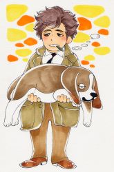 Rule 34 | 1boy, :3, animal, bad id, bad pixiv id, black necktie, brown footwear, brown pants, cigar, collared shirt, columbo, lieutenant columbo, dog, full body, holding, holding animal, hound dog, looking at viewer, looking away, looking to the side, male focus, messy hair, necktie, pants, raincoat, shirt, shoes, short hair, simple background, smile, smoke, smoking, solo, standing, white shirt