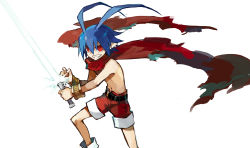 Rule 34 | 1boy, antenna hair, blue hair, bracelet, disgaea, energy sword, grin, jewelry, laharl, male focus, red eyes, red scarf, red shorts, scarf, topless male, shorts, smile, solo, starshadowmagician, sword, weapon, white background