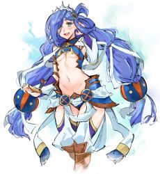 Rule 34 | 1girl, armor, blue hair, blush, breasts, commentary, commission, crop top, dana (ys), detached sleeves, english commentary, falcom, faulds, green eyes, hair ornament, hair rings, highres, kenshin187, knee pads, long hair, looking at viewer, low-tied long hair, low twintails, navel, purple thighhighs, revealing clothes, ribbon, small breasts, solo, stomach, thighhighs, tiara, twintails, underboob, very long hair, white ribbon, ys, ys viii lacrimosa of dana
