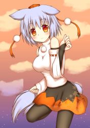 Rule 34 | 1girl, alternate color, animal ears, bare shoulders, black pantyhose, blush, breasts, detached sleeves, fingerless gloves, gloves, hat, hestia (neko itachi), highres, inubashiri momiji, large breasts, looking at viewer, orange eyes, pantyhose, pom pom (clothes), shirt, short hair, silver hair, skirt, smile, solo, tail, tokin hat, touhou, wolf ears, wolf tail