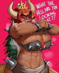 Rule 34 | 1girl, abs, absurdres, adapted costume, armlet, bad id, bad twitter id, bikini, bikini top only, blush, borrowed design, bowser jr., bowsette, bracelet, breasts, bursting breasts, cleavage, clenched hand, collar, cracking knuckles, crown, dark-skinned female, dark skin, english text, eyebrows, hands up, highres, hip focus, horns, huge breasts, jewelry, krekkov, mario (series), muscular, muscular female, new super mario bros. u deluxe, nintendo, nose blush, open mouth, pink background, red eyes, red hair, sharp teeth, simple background, skindentation, skirt, solokov (okb-999), spiked armlet, spiked bracelet, spiked collar, spiked shell, spikes, stomach, super crown, sweat, swimsuit, tail, teeth, upper body, v-shaped eyebrows, wide hips