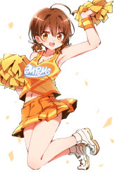 1girl :d absurdres ahoge breasts brown_eyes brown_hair cheerleader full_body highres medium_hair misora_kanata na_nare_hana_nare navel nyaa_(nnekoron) open_mouth orange_shirt orange_skirt pom_pom_(cheerleading) shirt shoes skirt small_breasts smile sneakers solo white_background white_footwear wristband