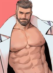 Rule 34 | 1boy, abs, bara, bare pectorals, beard, closed mouth, coat, creatures (company), dopey (dopq), facial hair, game freak, highres, lab coat, large pectorals, looking at viewer, male focus, muscular, muscular male, navel, nintendo, nipples, open clothes, open coat, pectorals, pokemon, pokemon sv, short hair, solo, turo (pokemon), undercut, upper body