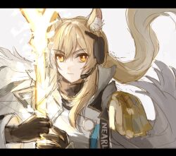 Rule 34 | 1girl, animal ears, arknights, armor, asahi (abc123lkb), black gloves, black skirt, blonde hair, cape, character name, coat, energy spear, energy weapon, expressionless, gloves, headset, highres, holding, holding polearm, holding weapon, horse ears, horse girl, implied extra ears, letterboxed, long hair, long sleeves, looking at viewer, name tag, nearl (arknights), nearl the radiant knight (arknights), orange eyes, pauldrons, polearm, ponytail, portrait, shoulder armor, simple background, single pauldron, sketch, skirt, solo, spear, weapon, white background, white cape, white coat