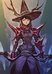 Rule 34 | aged up, armor, commentary, concept art, english commentary, gauntlets, hat, holding, holding staff, kagari atsuko, little witch academia, long hair, looking at viewer, official art, pants, purple pants, purple skirt, shoulder armor, sidelocks, skirt, staff, witch, witch hat, yoshinari you