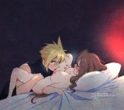 Rule 34 | 1boy, 1girl, aerith gainsborough, artist name, bad id, bad twitter id, bed sheet, blonde hair, blue eyes, blue shirt, blush, breasts, brown hair, clothed male nude female, cloud strife, couple, dated, final fantasy, final fantasy vii, final fantasy vii remake, full body, green eyes, hair between eyes, hair down, hetero, holding another&#039;s leg, indoors, krudears, licking thigh, long hair, lying, medium breasts, nipples, nude, on back, pillow, sheet grab, shirt, short hair, sidelocks, sleeveless, sleeveless turtleneck, spiked hair, spread legs, sweat, tongue, tongue out, turtleneck, twitter username, watermark, wavy hair, web address