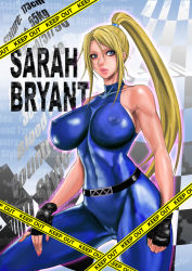 Rule 34 | 1girl, abs, bare shoulders, belt, black gloves, blonde hair, bodysuit, breasts, cameltoe, caution tape, character name, covered erect nipples, cowboy shot, eyelashes, female focus, fingerless gloves, gloves, halterneck, hand on thigh, high ponytail, impossible bodysuit, impossible clothes, keep out, large breasts, lipstick, makeup, md5 mismatch, nail polish, no bra, no panties, nose, perky breasts, pink devil, ponytail, resolution mismatch, sarah bryant, sideboob, skin tight, solo, source larger, thighs, toned, virtua fighter