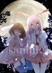 Rule 34 | 2girls, absurdres, animal ears, blurry, blurry background, breasts, brown hair, cacao (cacaomgmg), carrot necklace, collared shirt, cowboy shot, depth of field, dress, full body, full moon, highres, inaba tewi, jewelry, long hair, looking at viewer, lop rabbit ears, medium breasts, medium hair, moon, multiple girls, necklace, necktie, open mouth, outdoors, pink dress, pink hair, pink skirt, pleated skirt, puffy short sleeves, puffy sleeves, rabbit ears, red eyes, red necktie, reisen udongein inaba, sample watermark, shirt, short sleeves, skirt, small breasts, teeth, touhou, upper teeth only, very long hair, watermark, white shirt