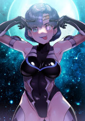 Rule 34 | 1girl, absurdres, arion canvas, bishoujo senshi sailor moon, blue eyes, blue gemstone, blue hair, breasts, cameltoe, circlet, closed mouth, corruption, dark mercury, dark persona, earrings, elbow gloves, gem, gloves, gluteal fold, heterochromia, highres, jewelry, leotard, medium breasts, mizuno ami, moon, purple eyes, purple lips, sailor mercury, short hair, sky, star (sky), starry sky, stud earrings, swept bangs, taimanin (series), taimanin suit, thick thighs, thighhighs, thighs, tongue, tongue out