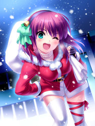 Rule 34 | 1girl, alternate costume, angel beats!, black gloves, bow, commentary, cowboy shot, dress, fingerless gloves, fur-trimmed dress, fur trim, gloves, green eyes, hair bow, hairband, hand on own hip, highres, leaning forward, long hair, looking at viewer, one eye closed, red dress, red ribbon, ribbon, sack, second-party source, short hair, smile, snow, solo, standing, thighhighs, white thighhighs, yuri (angel beats!), zen