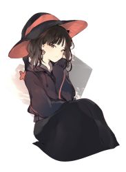 Rule 34 | 1girl, black hat, commentary, commentary request, copyright request, drawstring, hat, head tilt, hood, hood down, knees up, long hair, long sleeves, looking at viewer, lpip, sitting, solo, symbol-only commentary, white background, witch hat