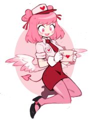 Rule 34 | 1girl, absurdres, angel wings, black footwear, bob cut, demon tail, double bun, dress, full body, gloves, grey shirt, hair bun, hat, heart hair bun, highres, holding, holding letter, letter, love letter, medium hair, necktie, original, pantyhose, pink eyes, pink hair, pink pantyhose, red dress, red necktie, shirt, shoes, short dress, short sleeves, smile, solo, sui (suizilla), tail, white gloves, wings