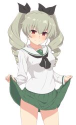 Rule 34 | 1girl, absurdres, ada badguy, anchovy (girls und panzer), black neckerchief, blush, bow, breasts, clothes lift, drill hair, girls und panzer, green hair, green skirt, hair bow, highres, lifted by self, long hair, long sleeves, looking at viewer, medium breasts, neckerchief, ooarai school uniform, pleated skirt, red eyes, school uniform, serafuku, shirt, simple background, skirt, skirt lift, smile, solo, twin drills, white background, white shirt
