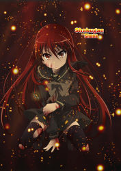 Rule 34 | 1girl, ahoge, alastor (shakugan no shana), black thighhighs, embers, fire, injury, jewelry, long hair, looking at viewer, necklace, pendant, red eyes, red hair, shakugan no shana, shana, solo, squatting, thighhighs, torn clothes, torn thighhighs