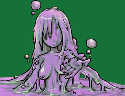Rule 34 | artist request, breasts, bubble, faceless, faceless female, monster girl, no nipples, nude, purple hair, purple theme, simple background, slime girl, source request