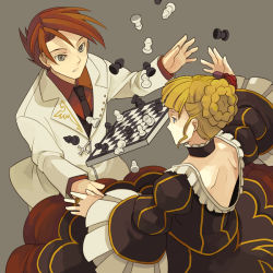 Rule 34 | 00s, 1boy, 1girl, back, backless outfit, bare back, beatrice (umineko), bishop (chess), black dress, black necktie, blue eyes, blunt bangs, board game, braid, chess, chess piece, collared shirt, cross, dress, dress shirt, falling, frills, grey background, inverted cross, jacket, jewelry, knight (chess), kokuzu, long hair, long sleeves, looking at another, necktie, outstretched arms, pawn (chess), puffy long sleeves, puffy sleeves, red hair, red shirt, ring, rook (chess), shirt, simple background, surprised, swept bangs, umineko no naku koro ni, ushiromiya battler, white jacket, wide sleeves, wing print