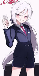 Rule 34 | 1girl, black shorts, black vest, blue archive, blush, collared shirt, cowboy shot, grey hair, grin, halo, highres, long hair, long sleeves, looking at viewer, mutsuki (blue archive), mutsuki (suit) (blue archive), necktie, official alternate costume, pink eyes, ponytail, red halo, red necktie, shirt, shorts, simple background, smile, solo, vest, white background, white shirt, yun (kbdenz9)