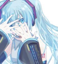 Rule 34 | 1girl, 39, aqua eyes, aqua hair, aqua nails, aqua necktie, bare shoulders, commentary, covering face, detached sleeves, grey shirt, hatsune miku, highres, iruzu (pixiv27236115), long hair, long sleeves, looking at viewer, miku day, nail polish, necktie, number tattoo, portrait, shirt, simple background, solo, tattoo, vocaloid, white background