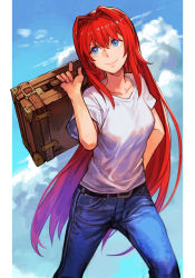 Rule 34 | 1girl, aozaki aoko, arm behind back, blouse, blue background, blue eyes, denim, hair between eyes, hair intakes, hungry clicker, jeans, long hair, melty blood, outside border, pants, red hair, shirt, smile, solo, tsukihime, very long hair, white shirt