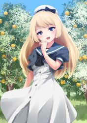 Rule 34 | 1girl, beret, black bow, blonde hair, blue eyes, blue sailor collar, blue sky, blush, bow, branch, collarbone, commentary request, crop top, day, dress, finger to mouth, food, fruit, gloves, grass, hair between eyes, hat, hat bow, jervis (kancolle), kantai collection, leaf, long hair, looking at viewer, mary janes, natsunoyuu, nature, open mouth, outdoors, sailor collar, sailor dress, sailor hat, shoes, short sleeves, sky, smile, solo, standing, tree, white dress, white gloves, white hat