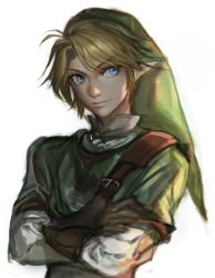 Rule 34 | 1boy, bad id, bad twitter id, blonde hair, charcoalo, crossed arms, gloves, green hat, green shirt, hat, link, male focus, nintendo, pointy ears, shirt, simple background, sketch, smile, solo, the legend of zelda, white background