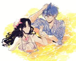 Rule 34 | 1boy, 1girl, bikini, black hair, blue eyes, blue hair, blue shirt, breasts, burn scar, caustics, chest tattoo, closed mouth, collared shirt, commentary, cropped arm, eyewear strap, fate/grand order, fate (series), flower, forehead tattoo, glasses, hair flower, hair ornament, hand on own head, hans christian andersen (adult) (fate), hans christian andersen (fate), holding another&#039;s wrist, jewelry, large breasts, long hair, looking at another, necklace, nobicco, parted bangs, partially submerged, pearl necklace, pink flower, scar, scar on arm, sessyoin kiara, sessyoin kiara (swimsuit mooncancer), sessyoin kiara (swimsuit mooncancer) (first ascension), shell, shell necklace, shirt, short hair, sleeves past wrists, striped clothes, striped shirt, swimsuit, tattoo, two-tone shirt, vertical-striped clothes, vertical-striped shirt, water, wet, white bikini, white shirt, yellow eyes