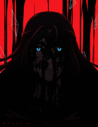 Rule 34 | 1girl, blood, close-up, commentary, english commentary, eyes in shadow, final fantasy, final fantasy xiv, glowing, glowing eyes, koyorin, long hair, looking at viewer, portrait, red background, robe, simple background, solo, spoilers, venat (ff14)