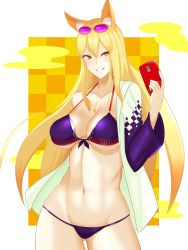 Rule 34 | 1girl, absurdres, animal ears, arm behind back, bare shoulders, bikini, blonde hair, blush, breasts, brown eyes, cellphone, cleavage, collarbone, commentary request, eyewear on head, fate/extra, fate/extra ccc, fate/extra ccc fox tail, fate/grand order, fate (series), fox ears, fox girl, grin, hair between eyes, highres, jacket, large breasts, long hair, looking at viewer, nail polish, open clothes, open jacket, phone, purple bikini, rocklow, smile, sunglasses, suzuka gozen (fate), suzuka gozen (heavenly demon princess) (fate), swimsuit, white jacket