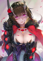 Rule 34 | + +, 1girl, bandeau, black bow, black bra, black gloves, blood, blood on face, blurry, bow, bra, breasts, broken horn, brown hair, bustier, capelet, cleavage, crazy smile, depth of field, eriko (princess connect!), flower, fur-trimmed capelet, fur trim, gauntlets, gloves, highres, horns, jewelry, large breasts, looking at viewer, necklace, open mouth, princess connect!, purple eyes, red capelet, red flower, red rose, rolling eyes, rose, sash, shaded face, smile, solo, spiked tail, tail, underwear, waymay, weapon, wind