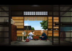 Rule 34 | 1boy, 1girl, anbe yoshirou, board game, chess, couple, electric fan, closed eyes, hand fan, grey hair, hetero, highres, japanese clothes, kimono, old, old man, old woman, original, shogi, smile, surprised, white hair, wind chime, y ambe