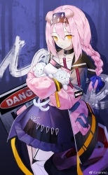 Rule 34 | 0 (znanimo), 1girl, animal, animal ears, arknights, black choker, black hairband, blue bow, bow, braid, cat, cat ears, choker, closed mouth, coat, collarbone, feet out of frame, female focus, goldenglow (arknights), graffiti, hair bow, hairband, high-waist skirt, highres, holding, holding animal, holding cat, lightning bolt print, long hair, long sleeves, looking at viewer, open clothes, open coat, pink coat, pink hair, purple skirt, scissors, scottish fold, single braid, skirt, solo, standing, thighhighs, white thighhighs, zettai ryouiki
