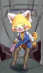 Rule 34 | 10s, 1girl, aggressive retsuko, animal ears, bag, black footwear, black thighhighs, blue panties, blue skirt, blue vest, blush, grabbing another&#039;s breast, breasts, censored, clothes lift, collarbone, disembodied limb, female focus, female pubic hair, fingering, formal, full body, furry, furry female, grabbing, groping, handbag, highres, holding, long sleeves, molestation, morokko, mosaic censoring, no bra, o o, open clothes, open mouth, open shirt, panties, panty pull, pubic hair, public indecency, pussy, pussy juice, retsuko, shirt, shoes, skirt, skirt lift, skirt suit, small breasts, solo, standing, suit, sweat, tail, thighhighs, train interior, underwear, vest, white shirt