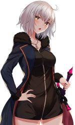 Rule 34 | 1girl, absurdres, ahoge, black dress, blush, breasts, collarbone, commentary request, dress, fate/grand order, fate (series), highres, holding, holding sword, holding weapon, jacket, jeanne d&#039;arc (fate), jeanne d&#039;arc alter (fate), jeanne d&#039;arc alter (ver. shinjuku 1999) (fate), jun (aousa0328), large breasts, looking at viewer, official alternate costume, purple jacket, short hair, silver hair, simple background, solo, sword, weapon, white background, yellow eyes