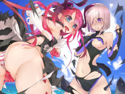 Rule 34 | 10s, 2girls, ass, bad id, bad twitter id, blue eyes, blush, breasts, cameltoe, covering crotch, covering privates, elizabeth bathory (fate), elizabeth bathory (fate/extra ccc), elizabeth bathory (first ascension) (fate), fang, fate/extra, fate/extra ccc, fate/grand order, fate (series), hair over one eye, horns, long hair, macaroni tamago, mash kyrielight, medium breasts, multiple girls, navel, open mouth, panties, pink hair, pointy ears, purple eyes, purple hair, short hair, small breasts, striped clothes, striped panties, tears, torn clothes, underwear