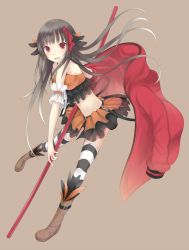 Rule 34 | 1girl, belt, black hair, blunt bangs, frills, hood, hoodie, jacket, long hair, open mouth, original, polearm, red eyes, skirt, smile, solo, somnium, staff, striped clothes, striped thighhighs, thighhighs, weapon, zettai ryouiki