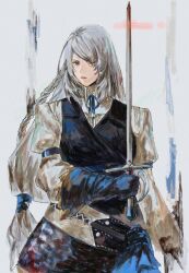 Rule 34 | 1girl, black vest, blue gloves, blue ribbon, closed mouth, final fantasy, final fantasy xvi, gloves, grey eyes, grey hair, highres, holding, holding sword, holding weapon, jill warrick, long braid, long hair, long sleeves, looking at viewer, neck ribbon, oftooon, ribbon, serious, shirt, solo, standing, sword, upper body, vest, weapon, white shirt